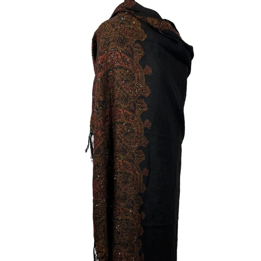 Lg Antique‎ Collectors Club RTM Beaded Shawl Cashmere Silk Blend Global Vintage